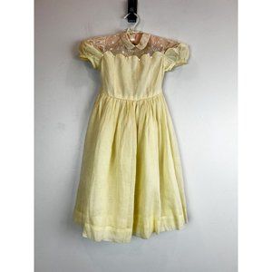 VINTAGE 50s Girls Pale Yellow Sheer Organza Party Dress Size 4T / 5